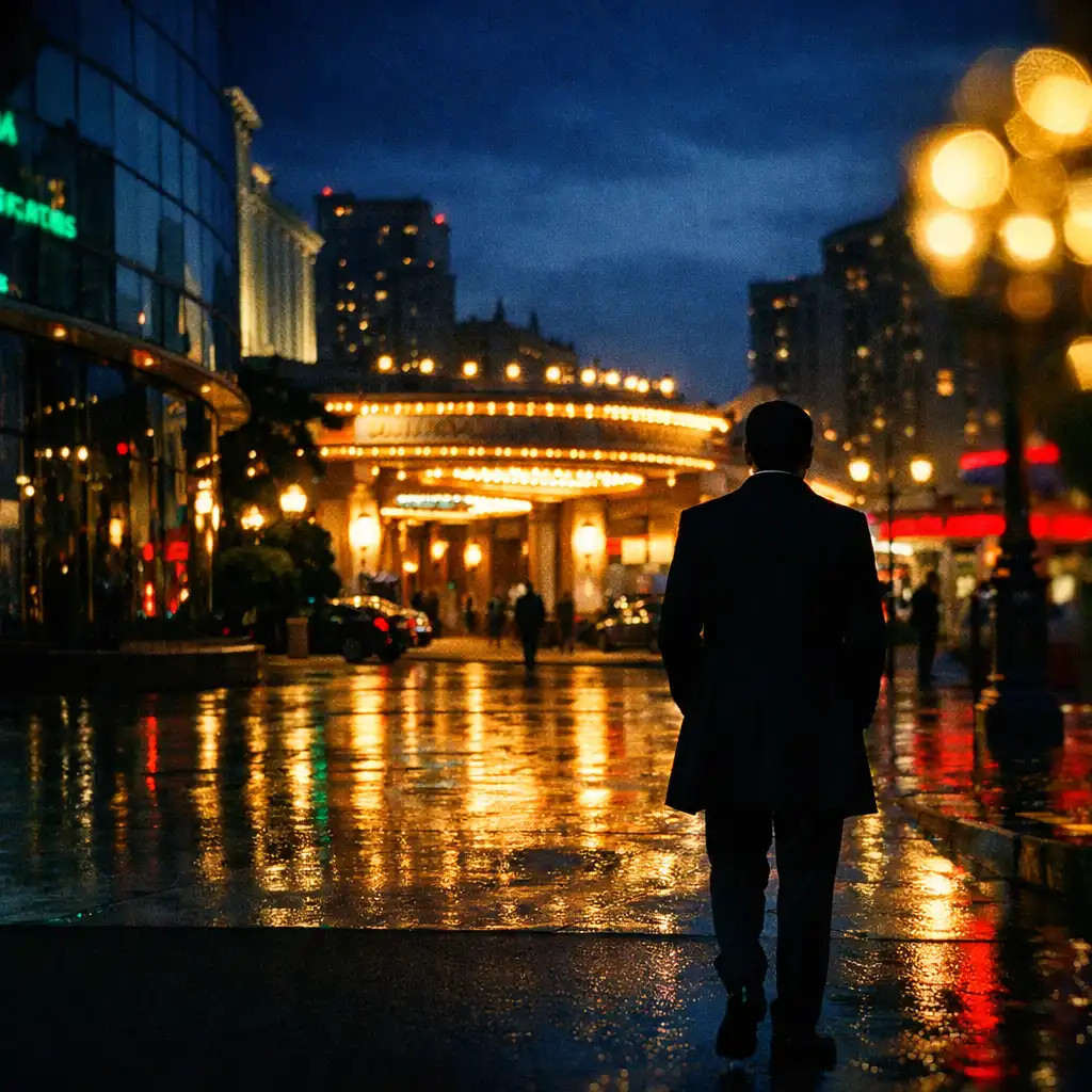 A formally dressed figure walking near a warmly lit casino district at blue hour