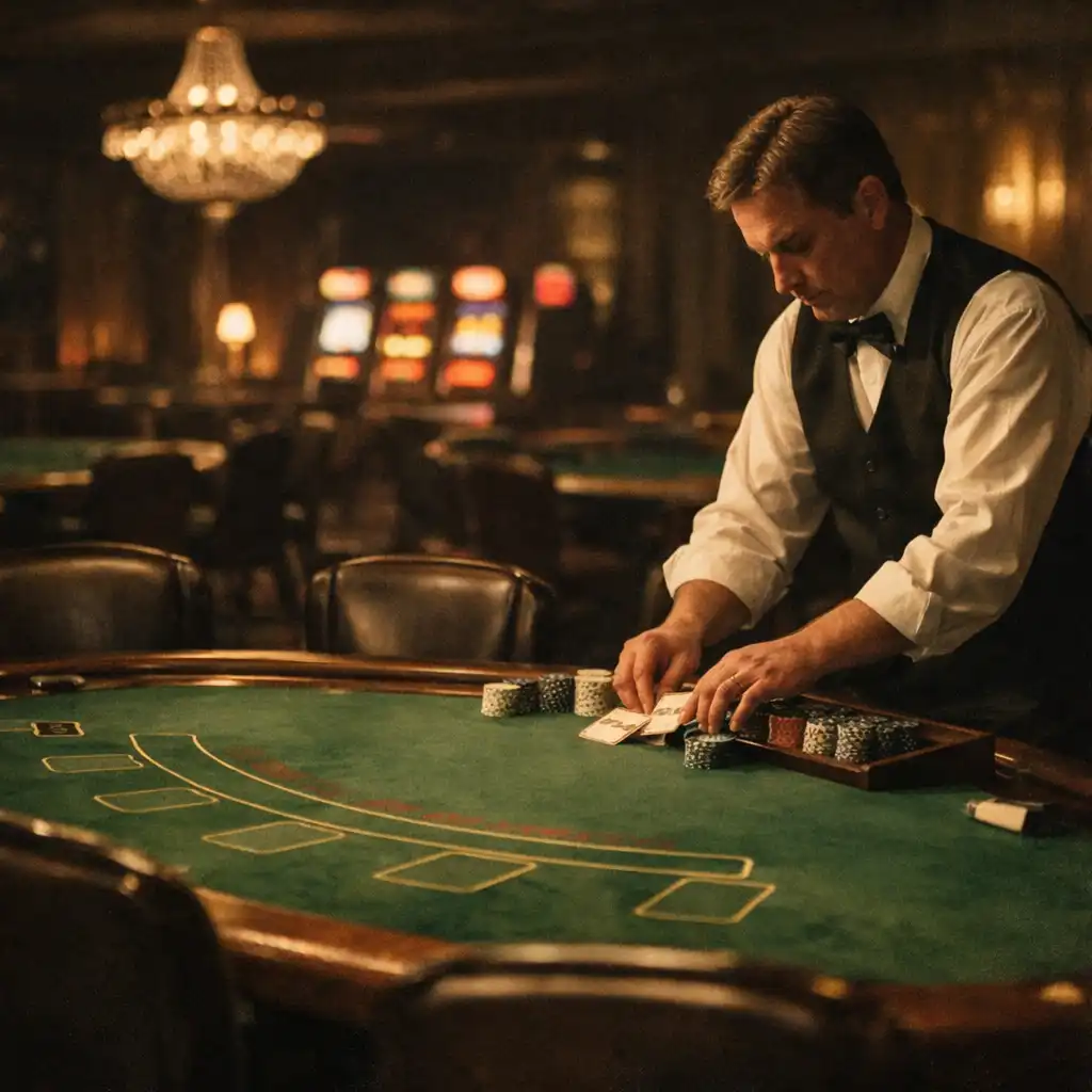 A dealer resetting a green felt table in a quiet casino after closing