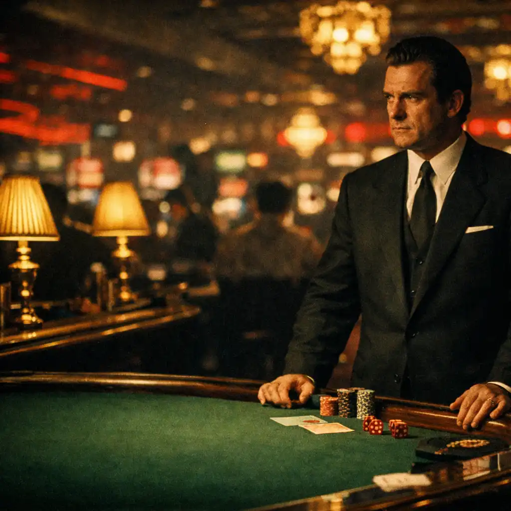 A composed figure in a dark suit beside a polished casino table in a warm Las Vegas interior.