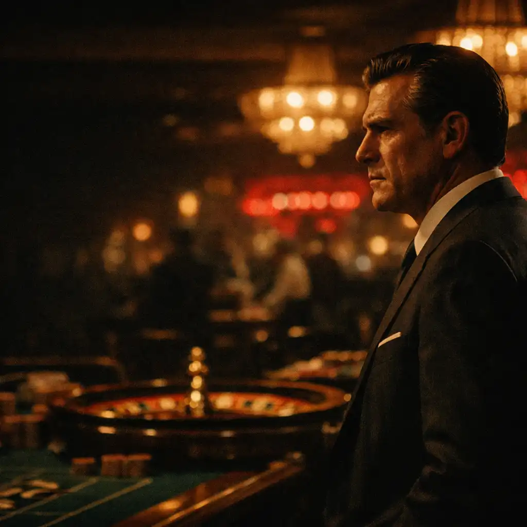 A suited man standing beside roulette tables on a warmly lit casino floor