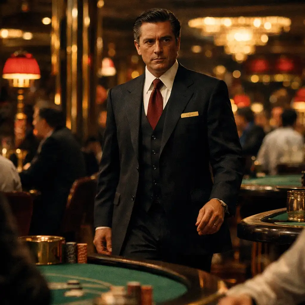A casino manager walking through a richly lit gaming floor