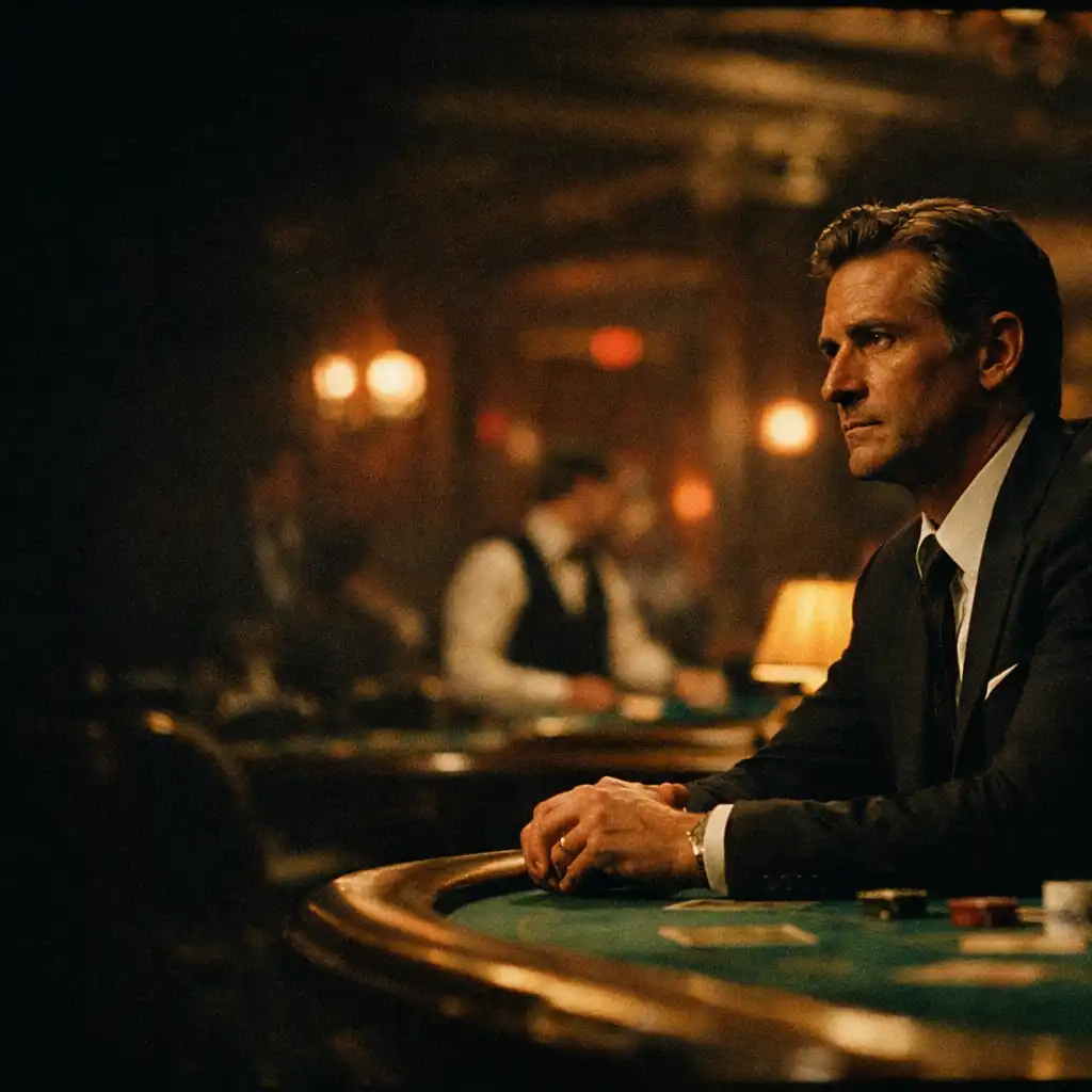 A solitary figure seated beside a green felt casino table under warm lights