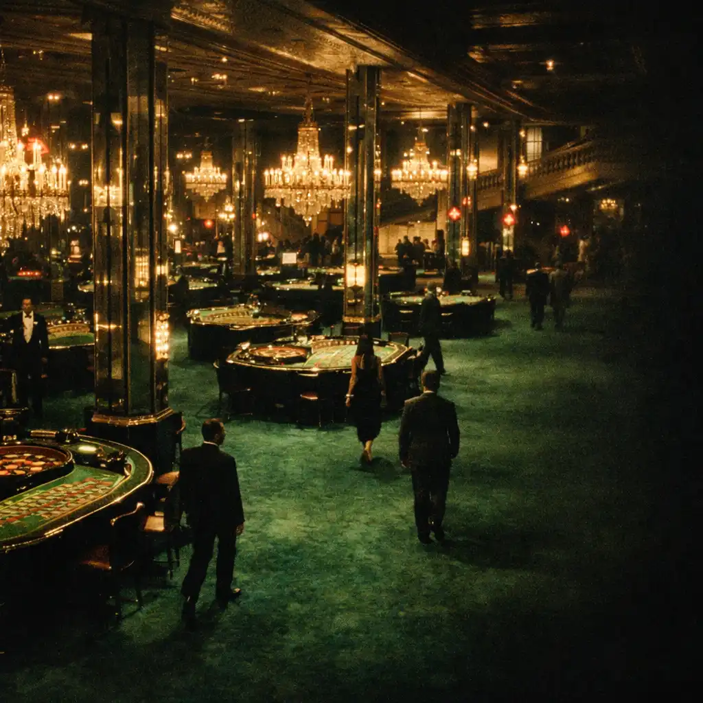 A grand casino interior with roulette tables, chandeliers and green carpet