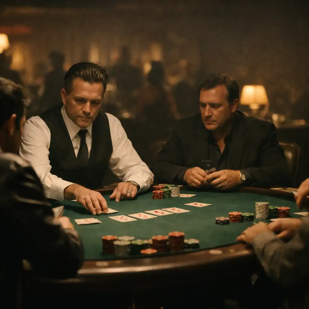 Dealer and seated players arranged around a casino card table with visible sightlines