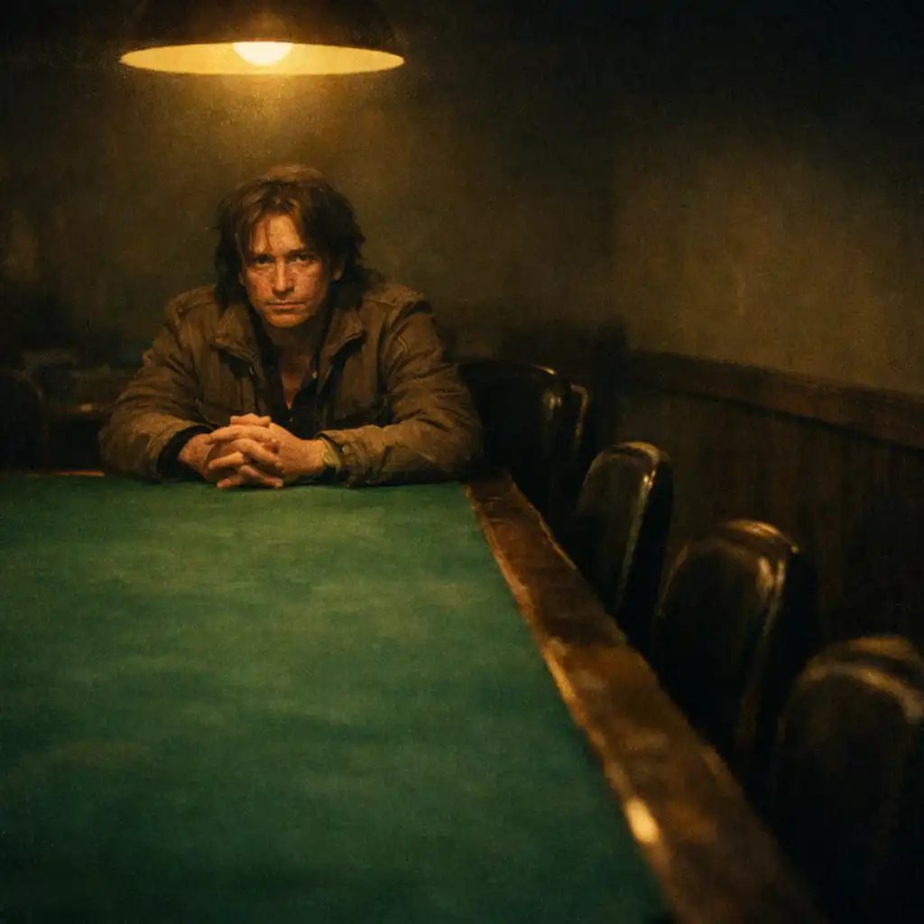 Tired but alert person alone in a card room under an amber lamp