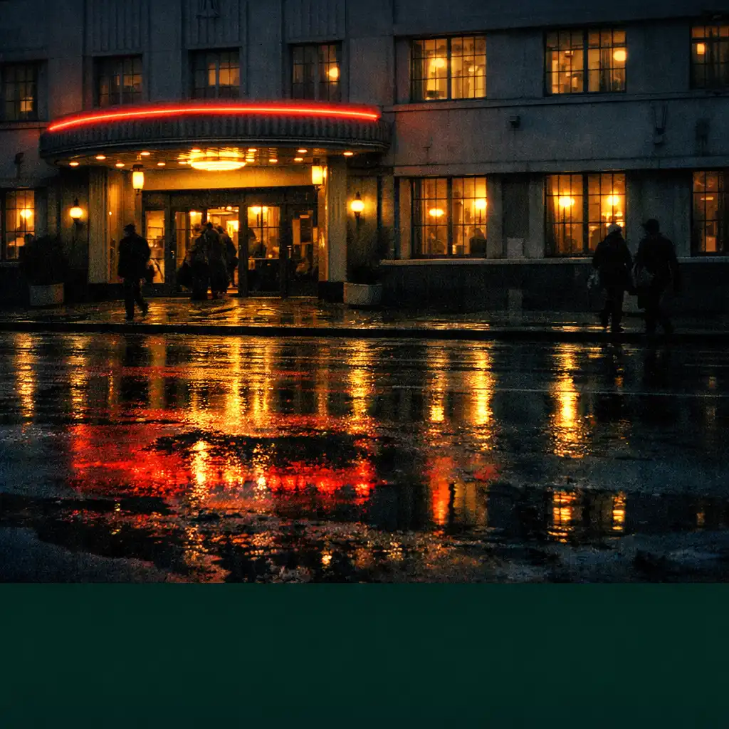 Older casino building after rain with warm reflections on the street