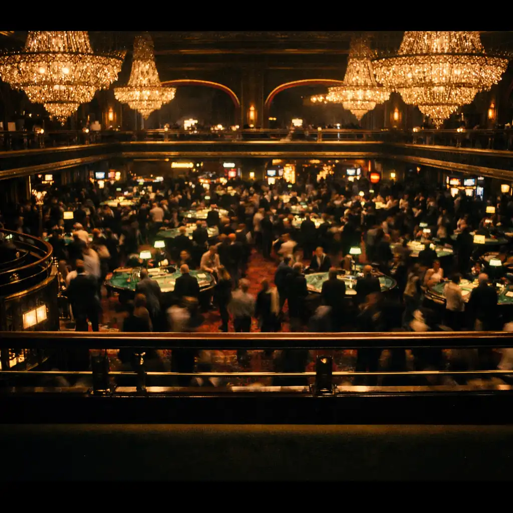 Grand casino floor with chandeliers, green tables and a moving crowd