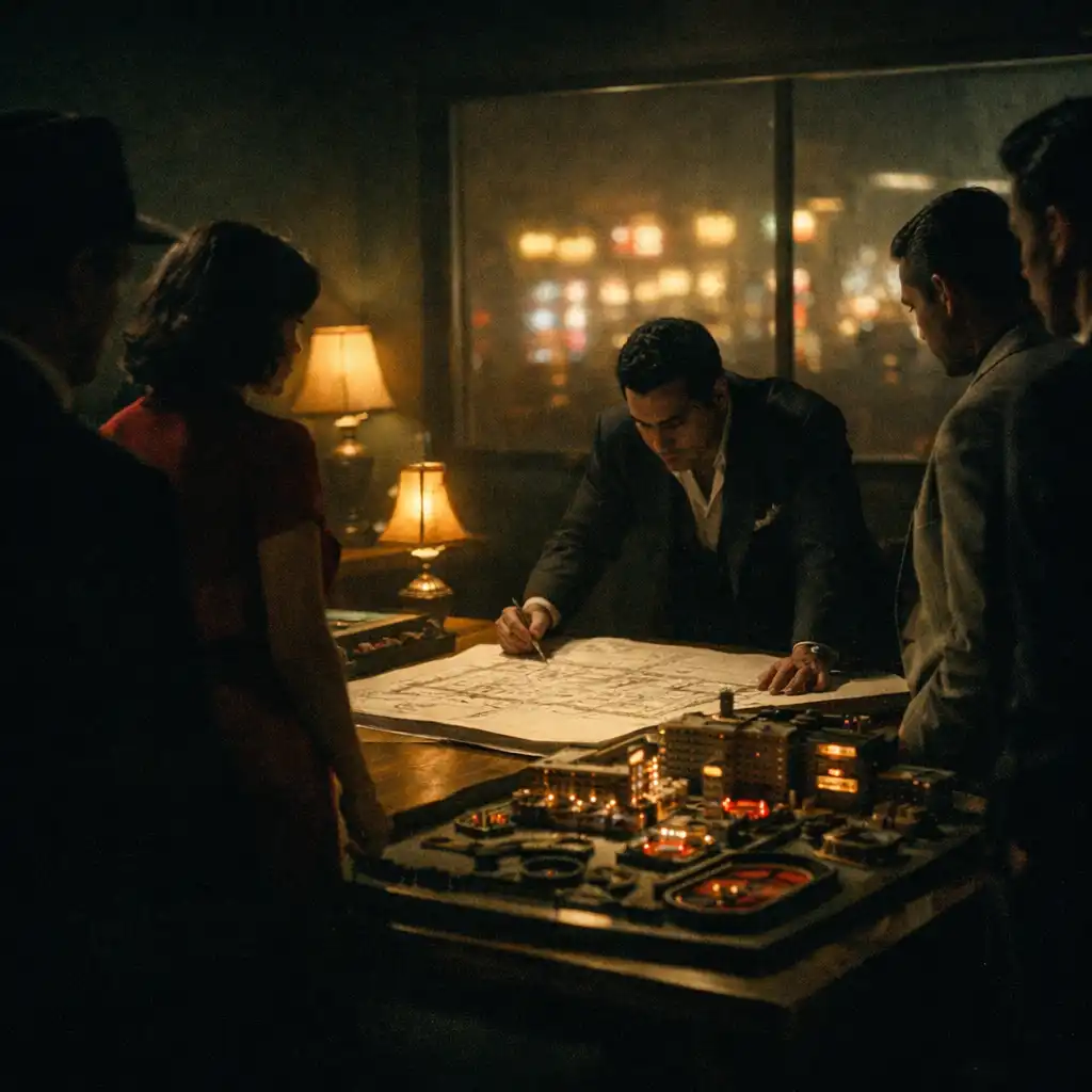A tense group gathered around plans in a dim casino back room