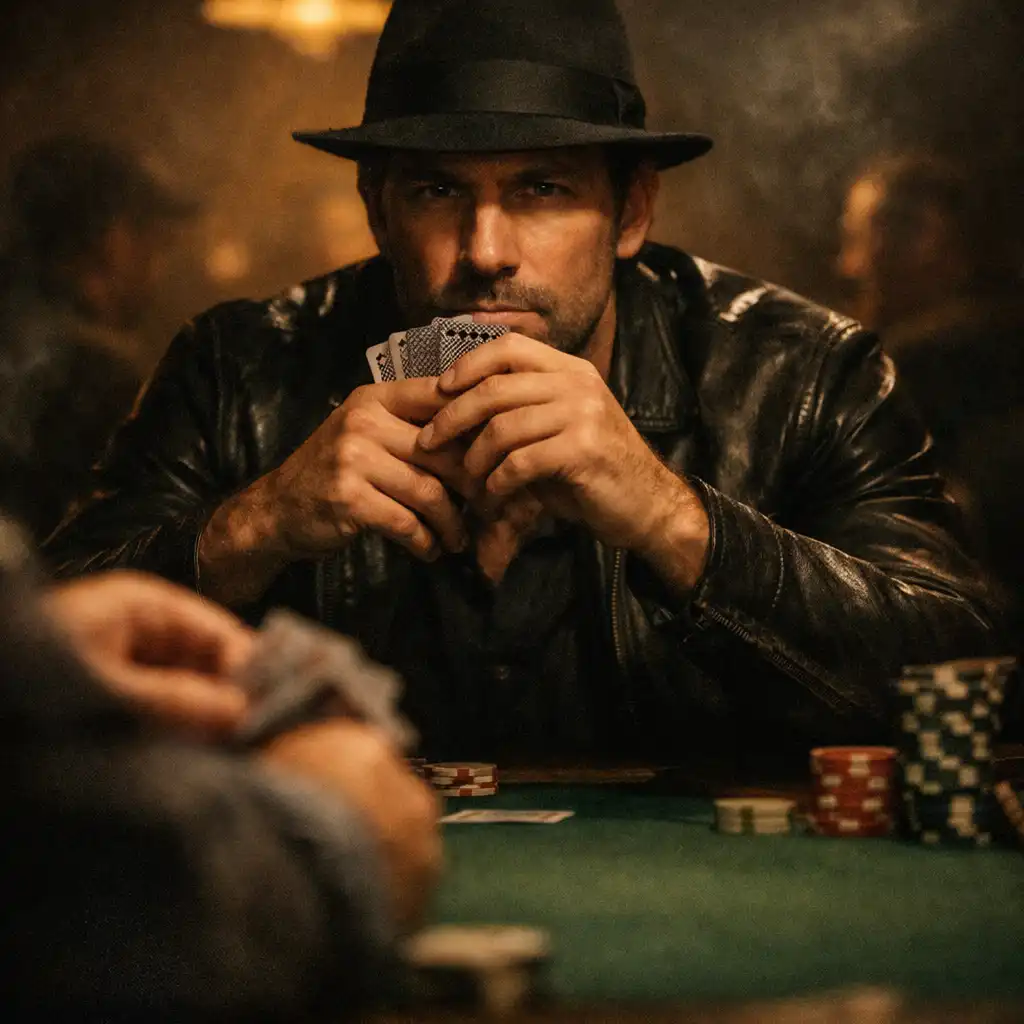 Thoughtful poker player seated at a low-lit felt table