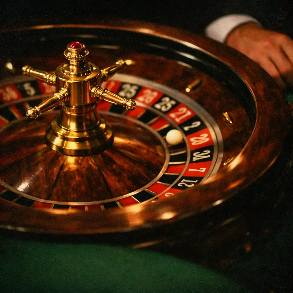 Roulette wheel in motion on a dark green casino table