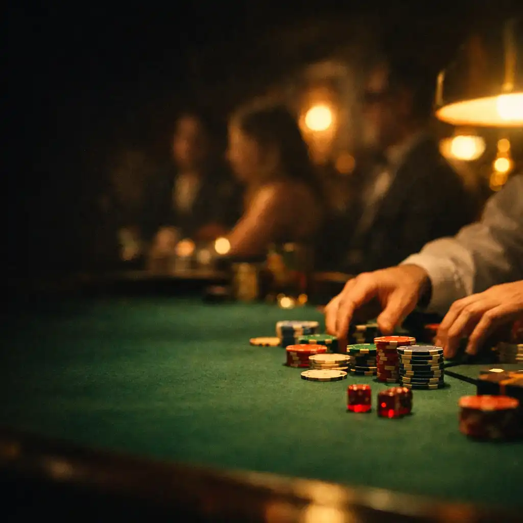 Dealer hands and chips on a green felt casino table under warm lights