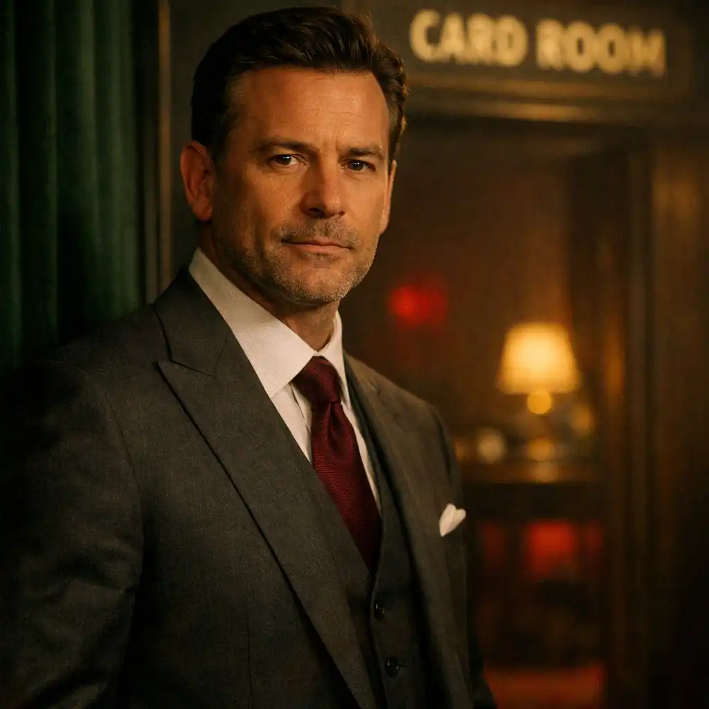 Sharply dressed casino visitor near a softly lit card-room entrance