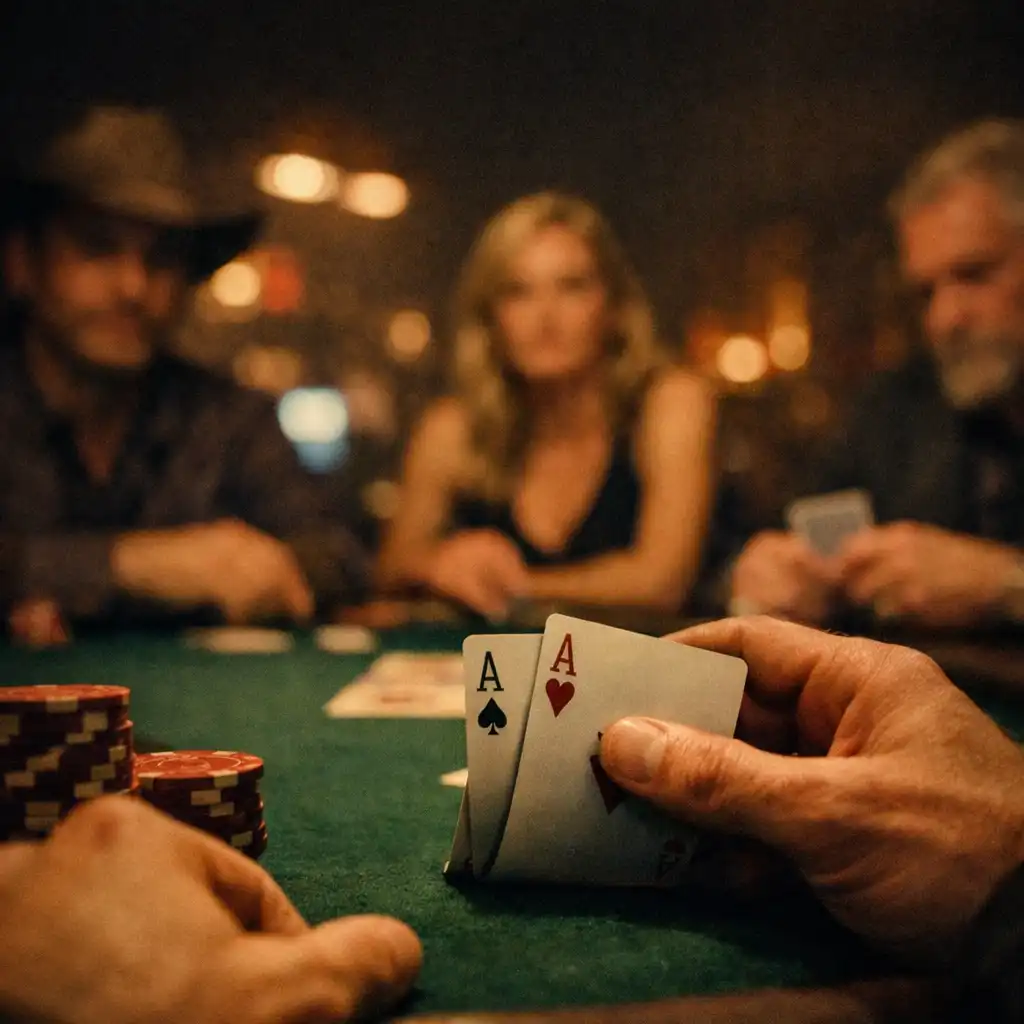 Low view across a poker table with hands and cards in the foreground