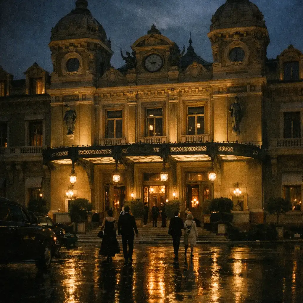 Grand casino entrance glowing at blue hour