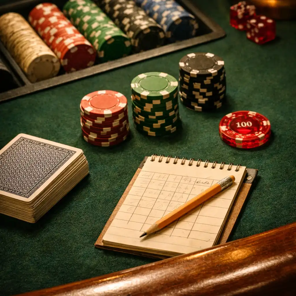 Casino table prepared with chips, cards and dealer tray