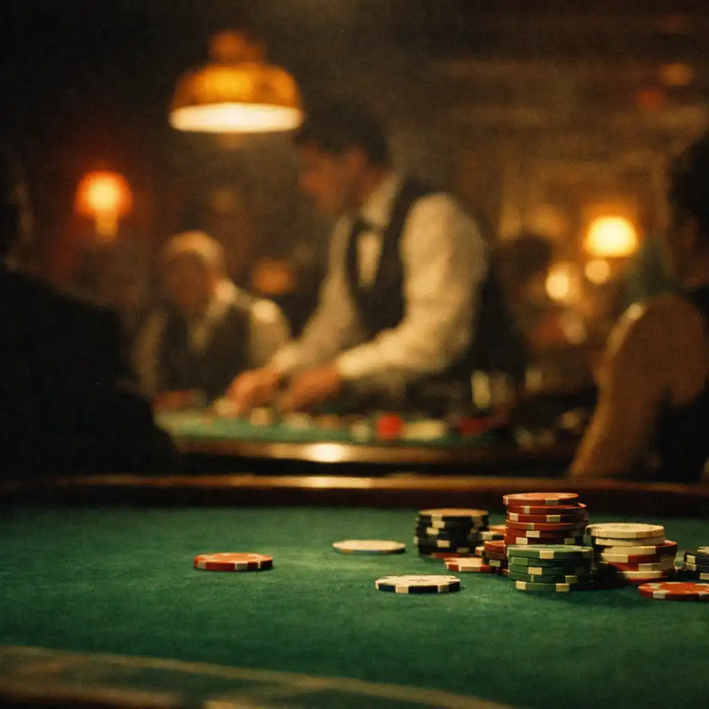 Cinematic casino floor seen across a green felt gaming table