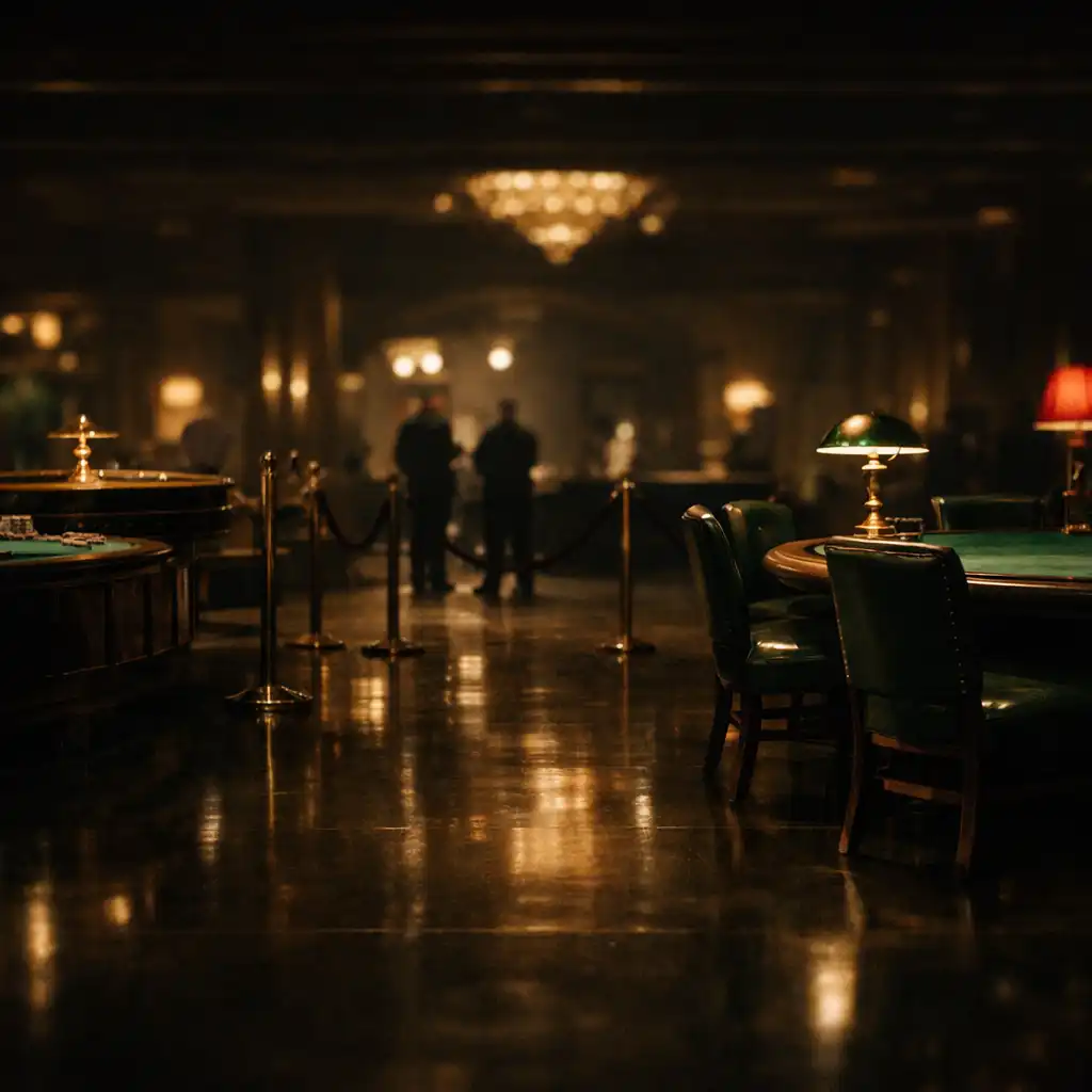Empty casino lounge before opening, with roulette and card tables under brass lights