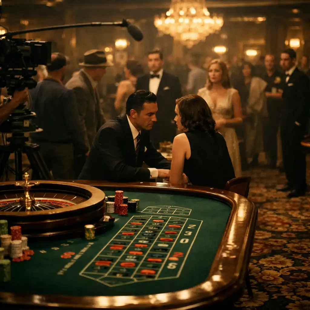 Carefully dressed casino floor with roulette table edge and warm chandelier light