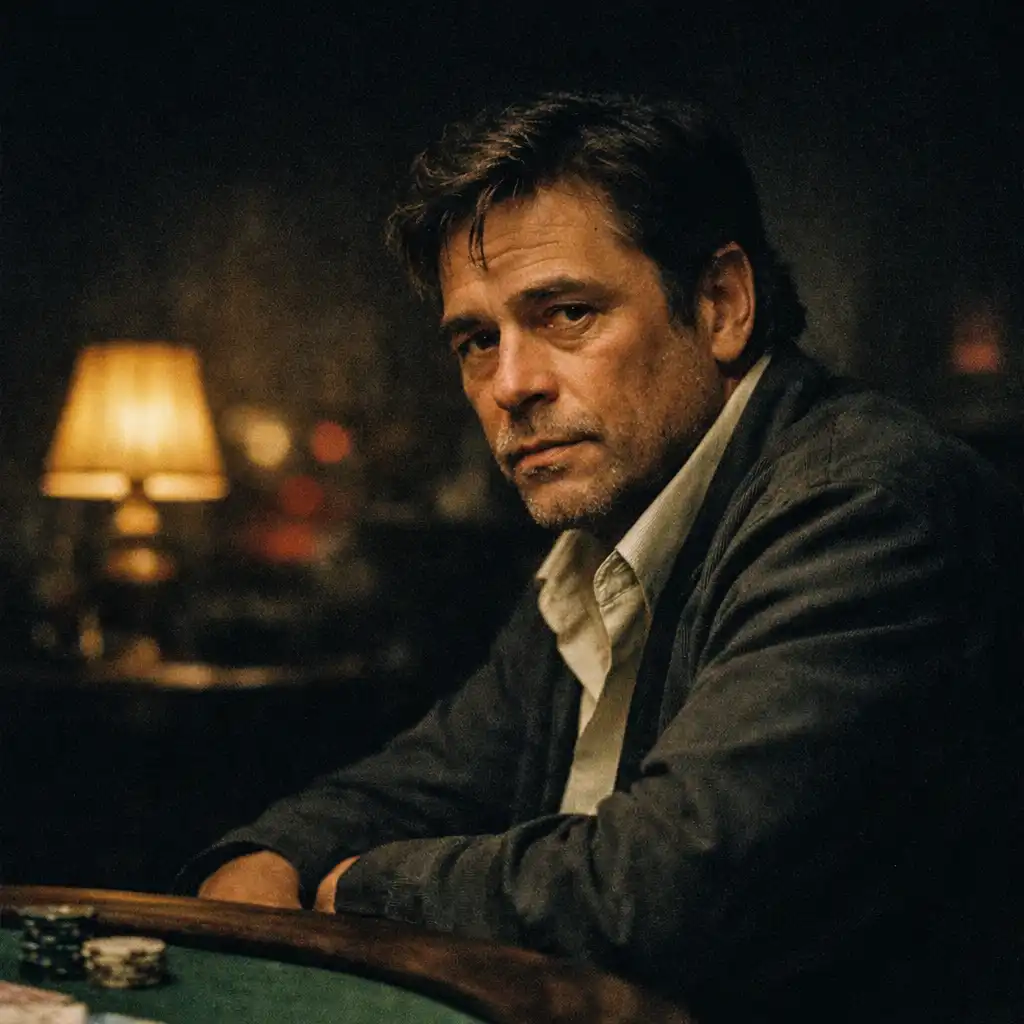 A thoughtful card-room figure seated near green felt under a warm lamp.