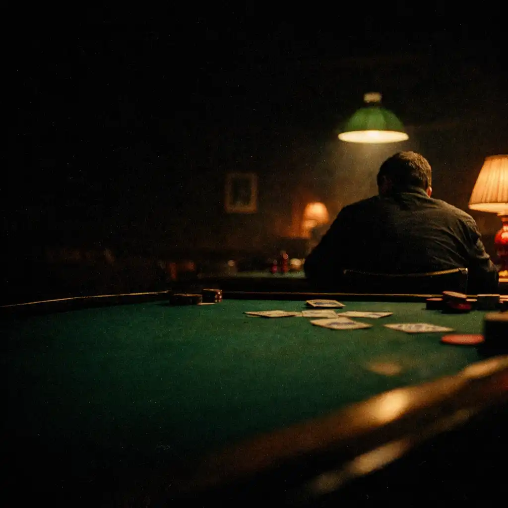 A solitary figure seated at a late-night card-room table beneath amber lamps.