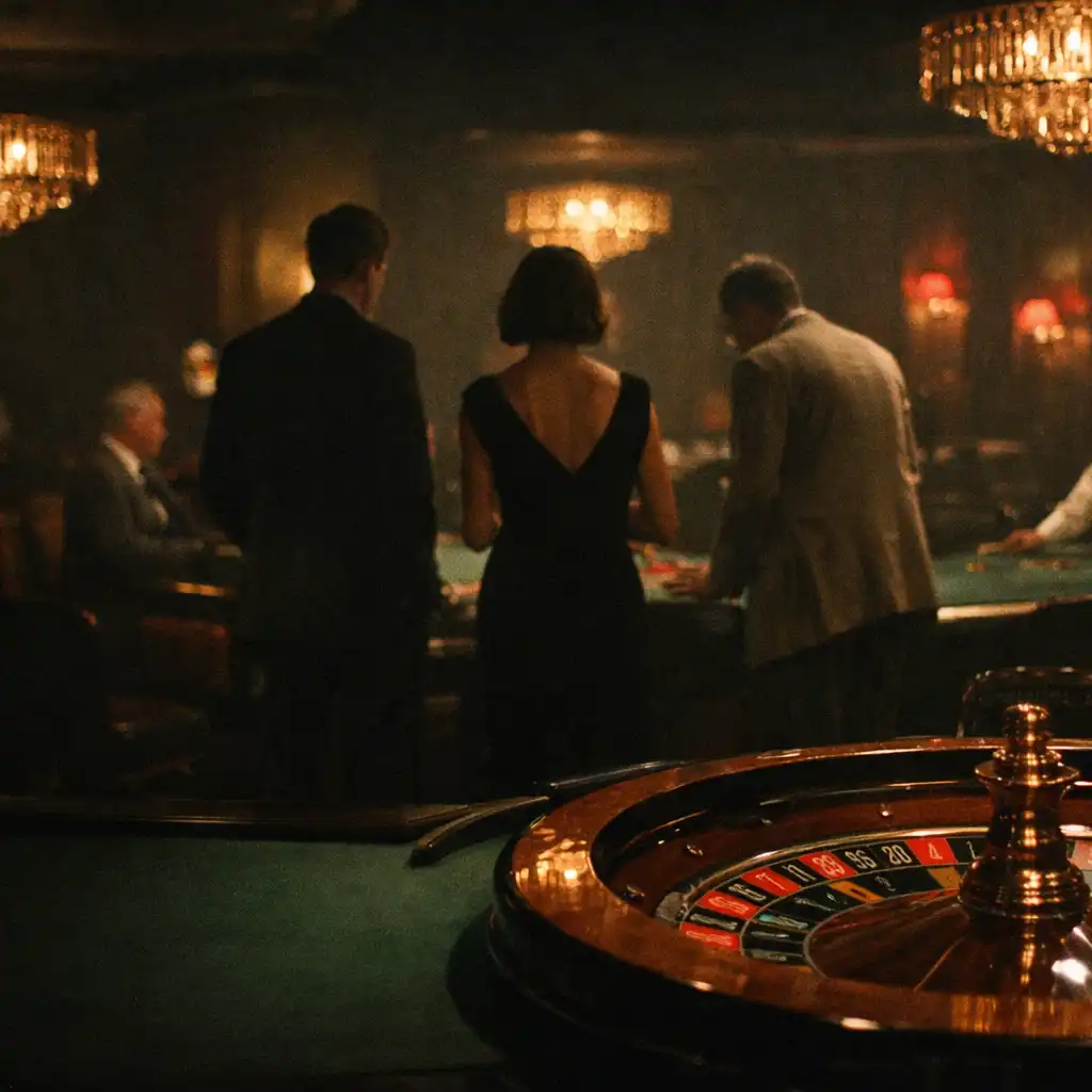 A moody roulette room with green felt, warm ceiling lamps and figures in silhouette.