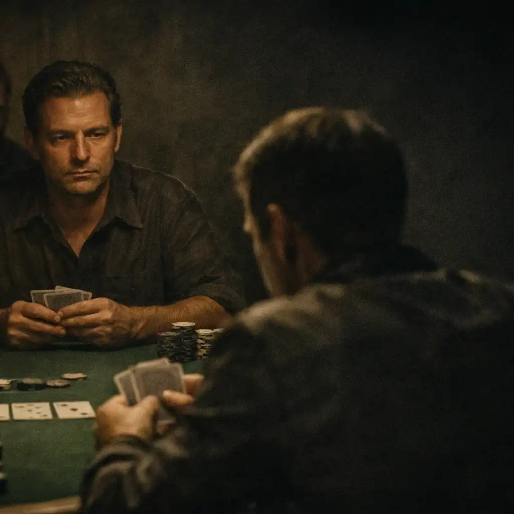 Poker players facing each other across a green-felt table under a low lamp