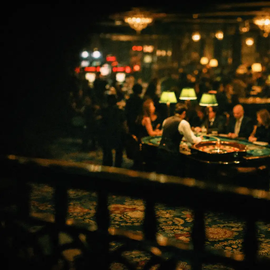 An atmospheric casino floor viewed from behind a dark railing