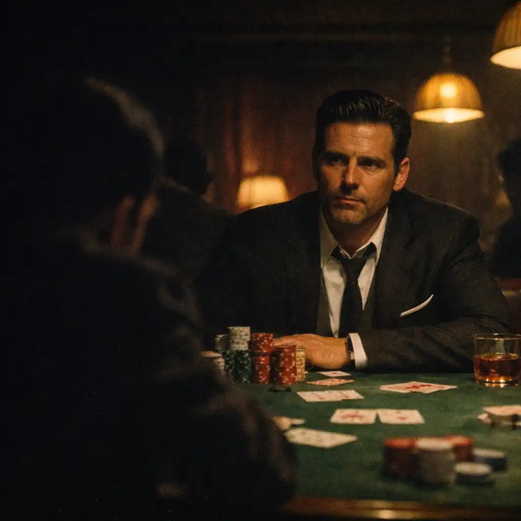 A tense late-night poker table in a dimly lit card room