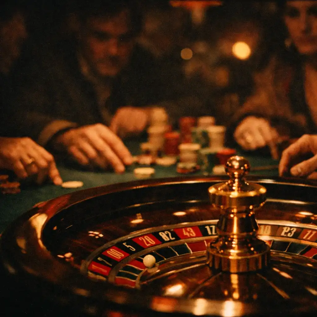 A roulette table surrounded by attentive hands and faces in warm light