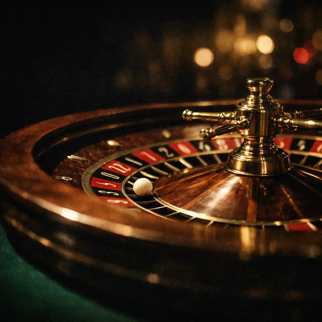 A roulette wheel spinning on dark green felt with warm lights in the background