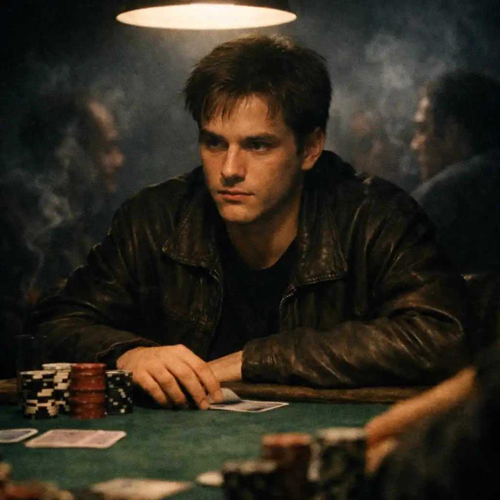 A young man studying opponents at a green-felt poker table