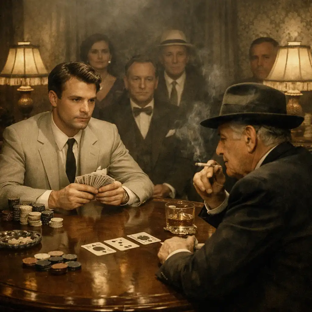 Two card players facing each other across a polished table in a period card room