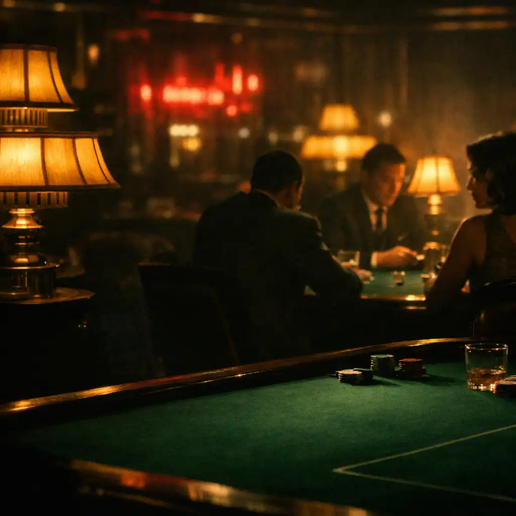 Atmospheric casino interior with a green felt table, amber lamps and shadowed figures