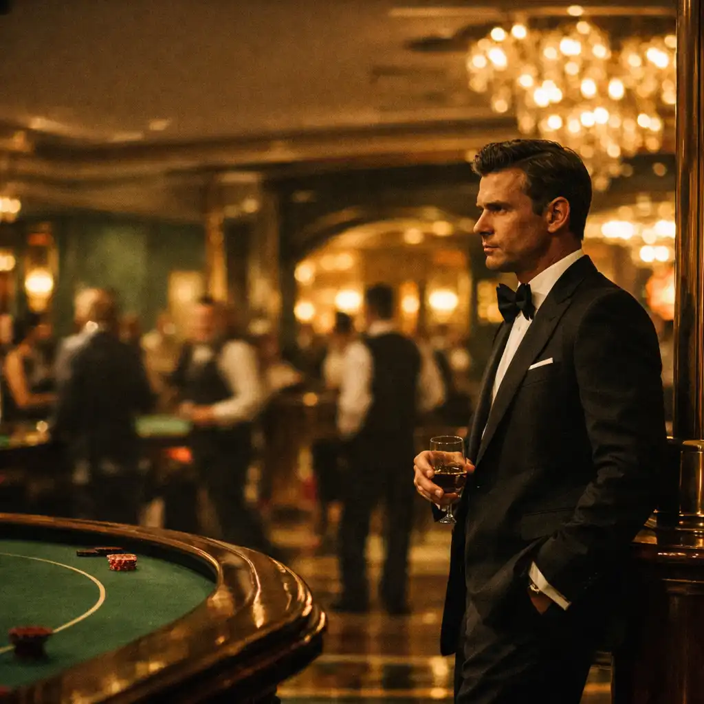 Solitary figure on a grand casino floor among practical lights and architectural columns