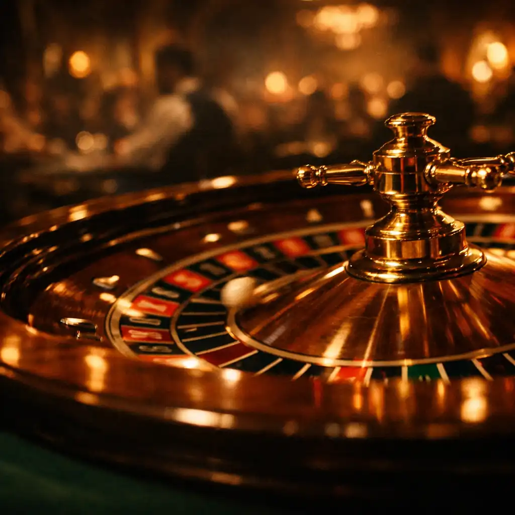 Roulette wheel in the foreground of a warmly lit casino room